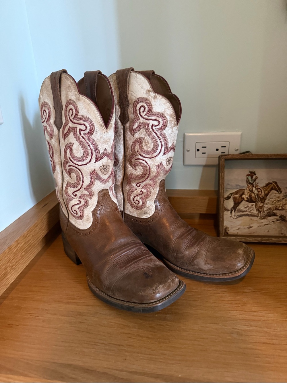 Ariat Brown Leather Cowboy Boots with Cream Embroidered Shaft